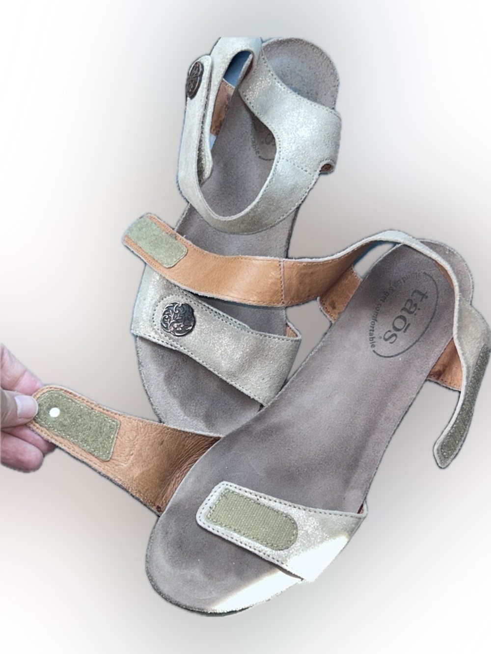 Taos Festival 4048 Metallic Shimmery Gold Wedge Velcro Leather Suede Sandals 37 - Picture 5 of 11